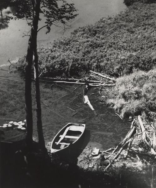 Elevated view of a rowboat moored in a small cove on Madeline Island in the Apostle Islands.