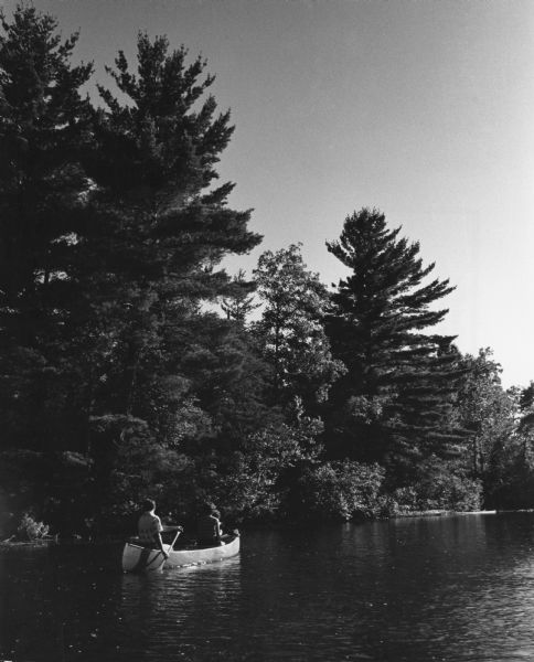 Paddlers in a canoe on their way down the Namekagon river. The shoreline on the left is tree-covered.