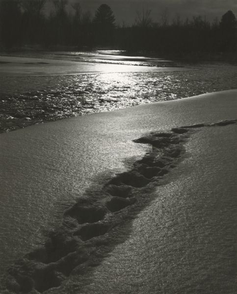 Tracks in the snow seen by moonlight on the shore of the Eau Claire River.