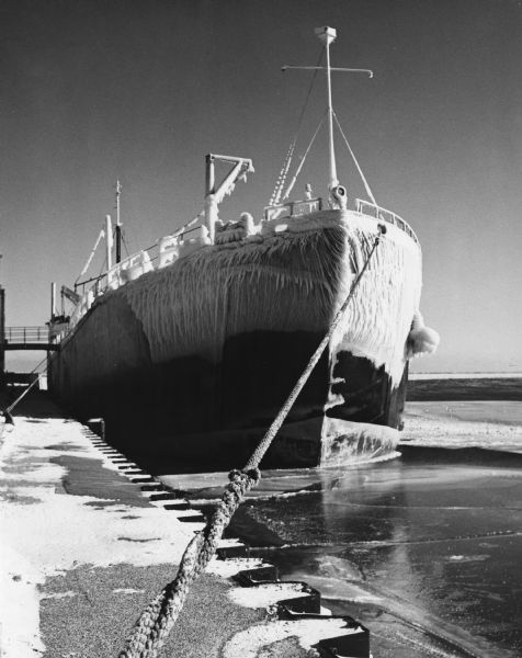 View towards front of a large ship tied with ropes to a pier. The ship is covered in ice due to freezing spray.