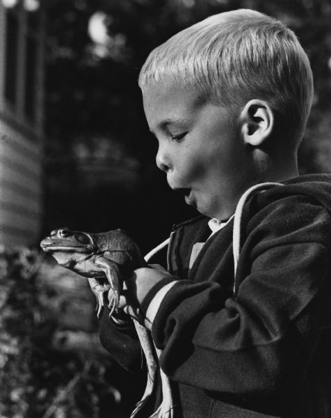 A young boy is amazed as he holds a big bullfrog.