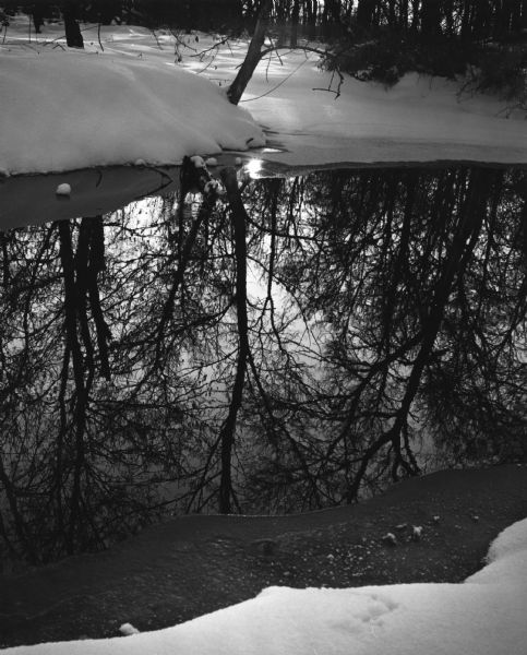 Trees and the shoreline are reflected in the partially frozen Root River.