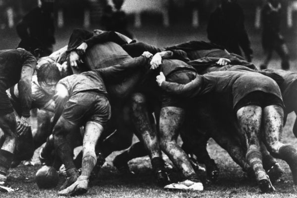 Muddy rugby players in a scrum, a method of restarting play where players line up with their heads down to try to gain possession of the ball. The ball is in the lower left corner.