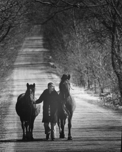 A woman walks down a country lane with two horses. There is snow on the road and trees on both sides of the lane are bare of leaves.