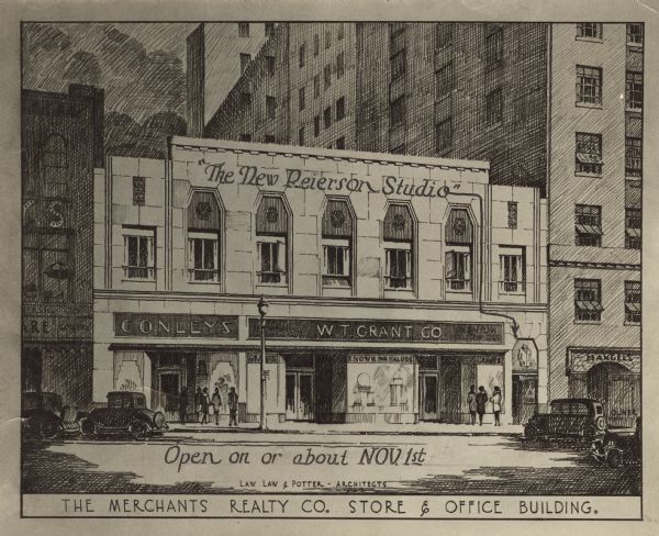 Drawing of the new Reierson Studio. An arrow leads from the sign painted at the top of the building to the studio door, which is to the right of the storefront for the "W.T. Grant Co." Another storefront in the same building on the left has a sign for "Conleys." Caption at bottom reads: "Open on or about Nov. 1st," "Law Law & Potter - Architects," and "The Merchants Realty Co. Store & Office Building."
