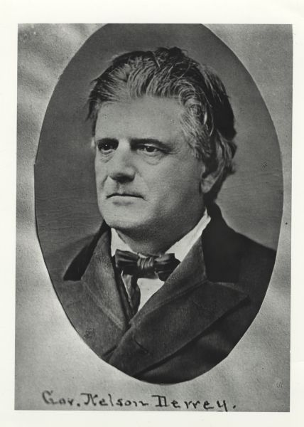 Quarter-length oval-framed portrait of Governor Nelson Dewey in a suit and tie looking slightly to the left.