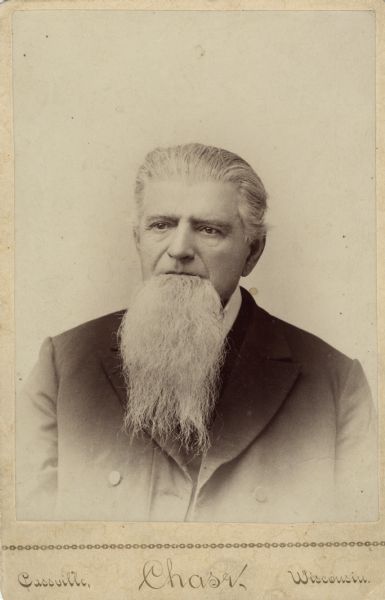 Quarter-length portrait of Nelson Dewey on a cabinet card. He is wearing a suit and has a long white beard.