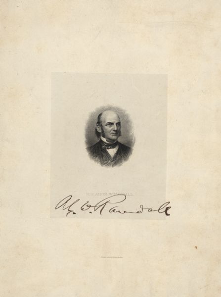 Small vignette of an oval framed head and shoulders engraved portrait of Governor Alexander Randall. The words "Hon. Alexr. W. Randall" are typed under the vignette and beneath that, signed in ink is "Al. W. Randall." Printed beneath the signature is: "National Bank Note Co. NY."