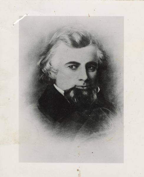 Head and shoulders vignetted portrait of Wisconsin's third governor, William Augustus Barstow (governor 1854-1856).