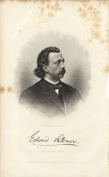 Engraved quarter-length vignette portrait of Wisconsin's 8th governor Edward Salomon in semi-profile. He is wearing a polka-dot tie. Below the portrait is the signature: "Edward Salomon." and typed writing underneath is: "Western Engraving Co. Chicago." and "Gov. of  Wis. 1862-3." At the bottom is: "Engraved Expressly for 'Wisconsin in the War of the Rebellion.'"