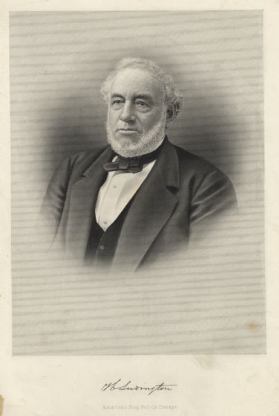 Quarter-length vignetted portrait of Governor Harrison Ludington, Wisconsin's 13th Governor. He has a short beard, and is wearing a suit and necktie. He is facing slightly towards the left.