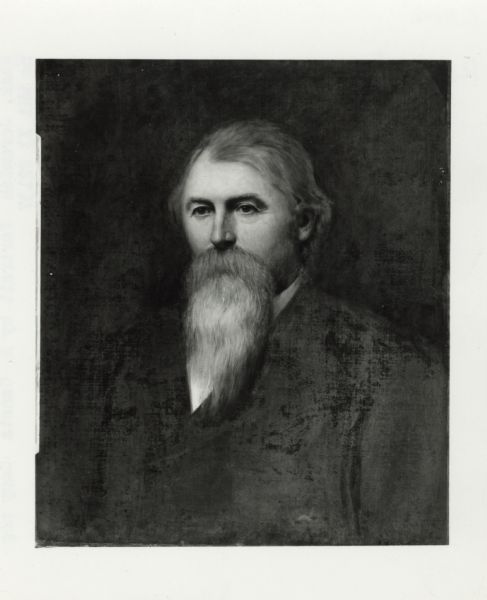 Waist-up portrait of Wisconsin's 15th governor Jeremiah rusk. He is wearing a suit and had a long beard and a moustache.