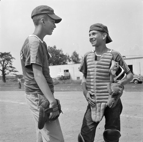Dave Heisig (left) and Webb Spraetz, (right) pitcher and catcher of defending championship Schoep's Ice Cream team in Madison's Boys Baseball program.