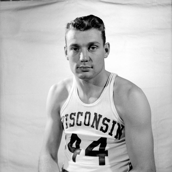 Portrait of Tony Stracka, #44, starter on the 1954 Wisconsin basketball team.