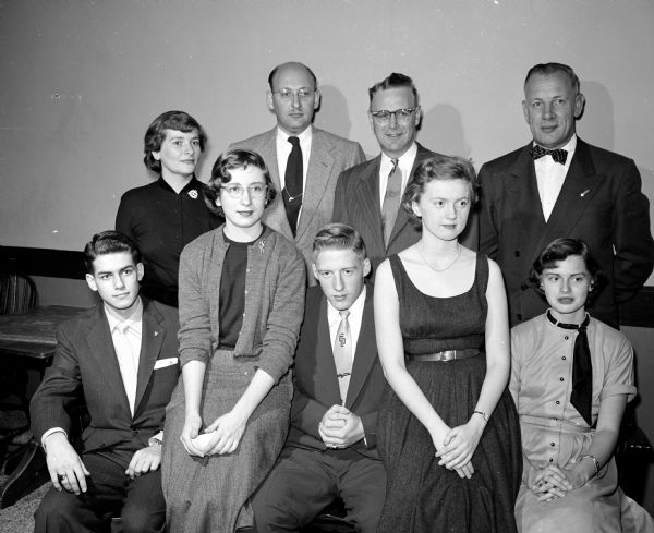 New officers and advisers of the Madison Youth Council attend the group's annual banquet. Seated (left to right) are: Michael Stein, treasurer; Mary Kate Lorenz, corresponding secretary; George Chryst, president; Arlene Rothschild, recording secretary; and Judy Vander Meulen, vice-president.
Advisers in the second row are: Louise Bakke, Donald Krider, Joseph Werner, and Capt. Walter Thompson.