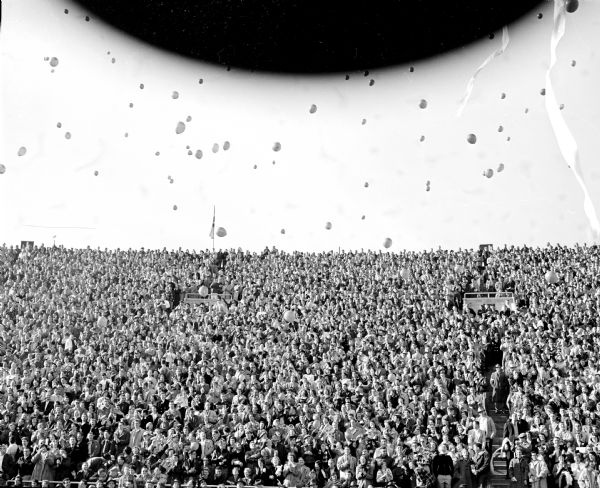 A view of the crowd at Camp Randall during the University of Wisconsin homecoming game against Northwestern, showing balloons rising in the air. U.W. fans were given the big red balloons and asked to release them when Wisconsin scored its first touchdown. 
