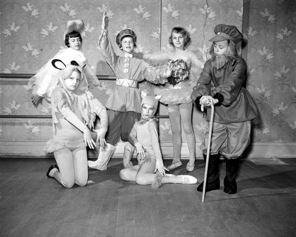 Group portrait of the principal characters for a presentation of "Peter and the Wolf" by the Madison Civic Symphony orchestra and the Kathryn Hubbard dancers at the Central High School auditorium. In front are Kay Knick, the wolf; Terra Lee Auringer, the cat. In back, left to right, are: Susan Armbrecht, the duck; Kathy Allegar, Peter; Georgia Beth Hackett, the bird; and Joan Foster, the grandfather.