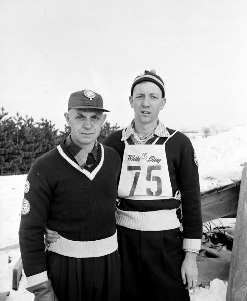 Ingvar Arneson, Sr. (left) and his 19-year-old son, Ingvar Jr., both of Wisconsin Rapids, were among the jumpers taking part in the Blackhawk Ski Club jumping tournament. 
