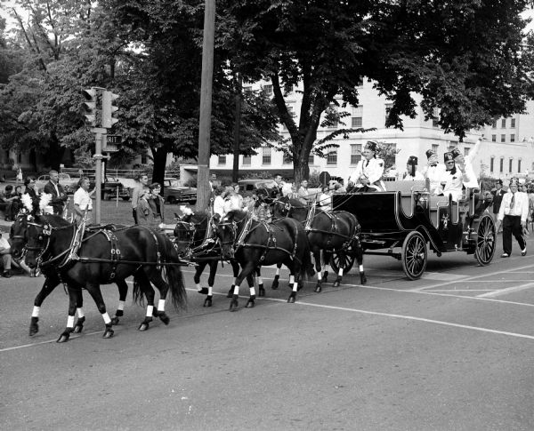 The six-pony hitch pulls the big coronation coach of Medinah Temple of Chicago, drawing cheers from the crowd as it passed along University Avenue to the UW Stadium.