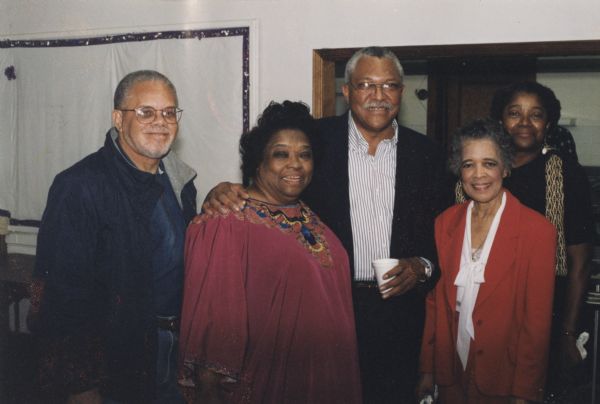 Group portrait, from left: Curtis Harris, Jeannetta Robinson, Donald Sykes, Vel Phillips, and Rose Lue-Hing. Vel Phillips is wearing a red suit coat.