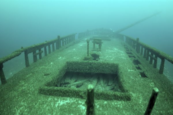 Underwater view of the deck of the schooner <i>Home</i>, taken from the bow.