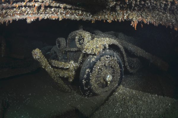 Underwater view of the front end of a Kissel car from 1924. It is resting within the steamer <i>Lakeland</i>, which sank in Lake Michigan.