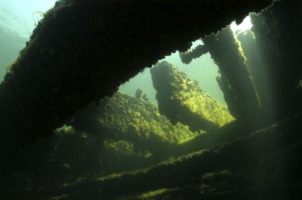 Underwater view of the <i>Louisiana</i> taken from beneath the deck planks looking up towards the surface of the lake. The surface, lit by the light of the sun, is visible through the wreck of the <i>Louisiana</i>.