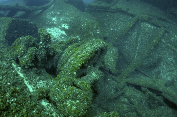 Underwater view of the deck winch on board the sunken <i>Milwaukee</i>.