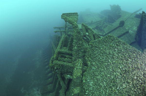 Underwater view of one of the rail cars that made up the last cargo of the <i>Milwaukee</i> when it sank. It is sitting on the floor of Lake Michigan near the wreck of the <i>Milwaukee</i>.