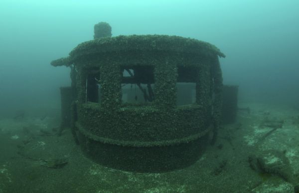 Underwater view of the windows of the chartroom on the <i>Milwaukee</i>.
