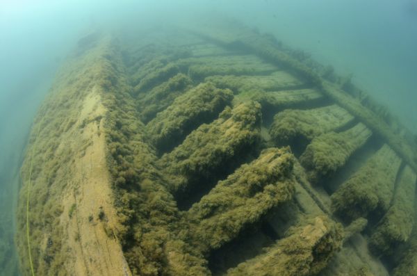 Underwater view of the schooner <i>Pathfinder</i>. Algae is growing on the wood of the ship. A tape measure has been placed along the left side.