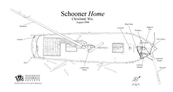 Archaeological overhead view site plan of the remains of the schooner <i>Home</i>. Labels indicate various parts of the ship that remain. At the bottom right is a map scale and north arrow.