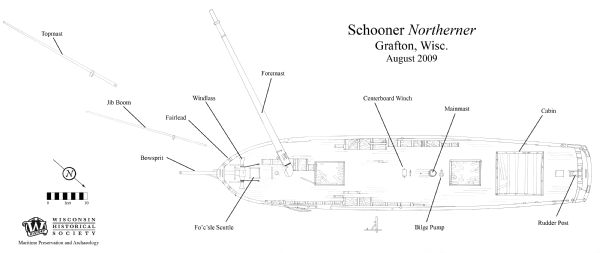 Archaeological overhead view site plan of the schooner <i>Northerner</i>. Labels indicate various parts of the ship that remain. On the left is a map scale and north arrow.