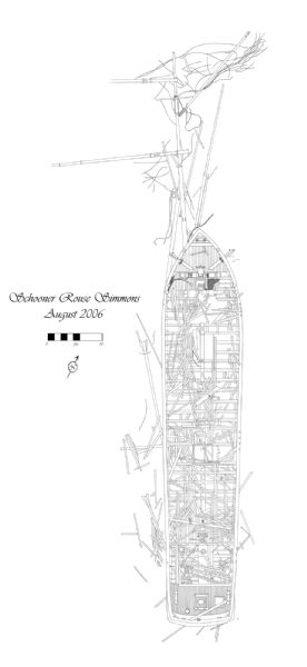 Archaeological site plan of the schooner <i>Rouse Simmons</i>. The wreck is drawn in great detail, showing the damage to the deck, along with the broken masts and rigging. On the left is a map scale and north arrow.