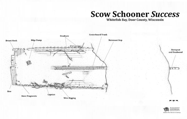 Archaeological overhead view site plan of the scow schooner <i>Success</i>. Labels indicate various parts of the ship that remain and how much of the wreck remains buried under sand. At the bottom right is a map scale.