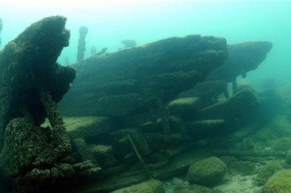 Underwater view of the <i>Apomattox's</i> floor keelsons near the bow.