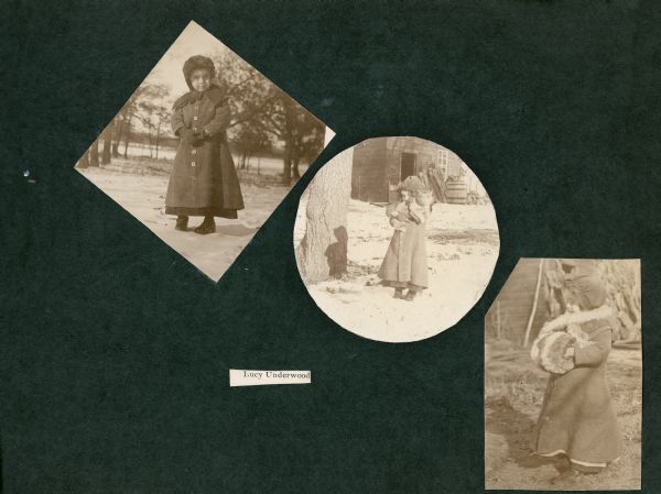 An album page titled "Lucy Underwood" features three trimmed photographs of a young girl wearing a winter coat and a hooded capelet. In the center photograph, she is holding a large cat. At far right, she has a fur muff and stole. The photographer lived with the Underwood family for a time.