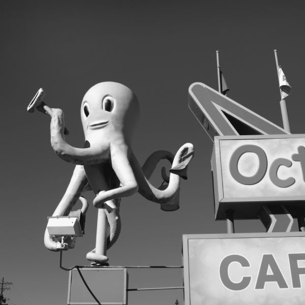 A rotating sculpture of a smiling octopus on a sign for "Octopus Car Wash." The octopus is holding a bucket, washcloths, and a squeegee in its arms. 