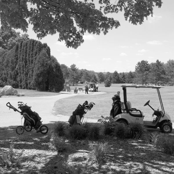View of a golf course, with two bags of golf clubs on wheels and a golf cart parked on a path in the foreground. The course is landscaped with trees, and carefully place rocks. In the distance two men are standing near another golf cart.