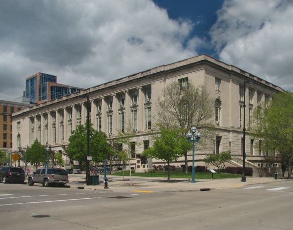 View across intersection towards the post office building in downtown Madison at 215 Martin Luther King, Jr. Boulevard (formerly Monona Avenue).