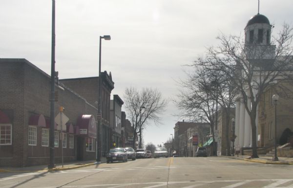 A view down Main Street, with the Iowa County Courthouse building on the right.