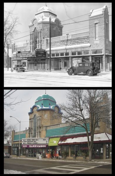A vintage and a modern image of the Barrymore Theater (formerly the Eastwood Theater) at 2090 Atwood Avenue, presented as a pair.