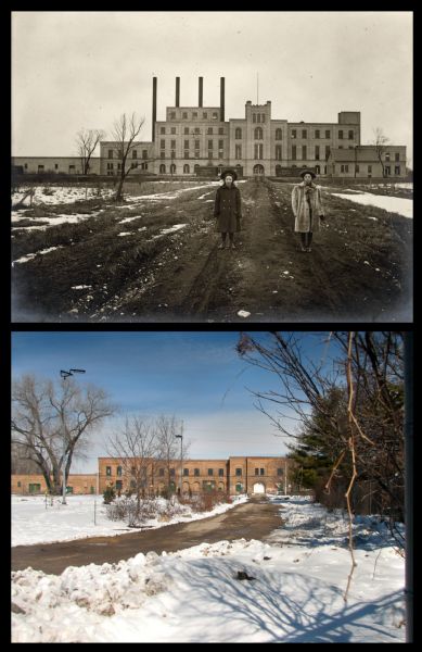 A modern view of the Garver Feed and Supply Company and a vintage view of the same building when it was the U.S. Sugar Company, presented as a pair. There is snow on the ground in both images.