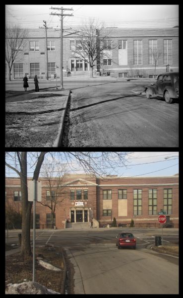 A vintage view and a modern view of West High School, presented as a pair. 