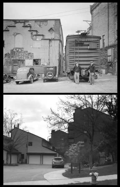 A vintage and a modern view of the buildings at 651-653 Williamson Street that housed the Fauerbach Brewery, presented as a pair.