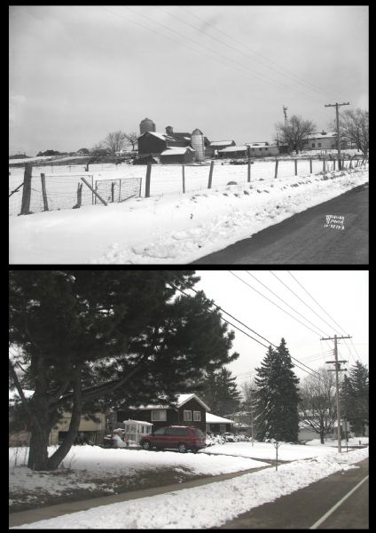 A vintage view and a modern view of 4718 Odana Road, presented as a pair. The vintage view shows the Piper Brothers Farm. The modern view shows a house with a car parked in the driveway.