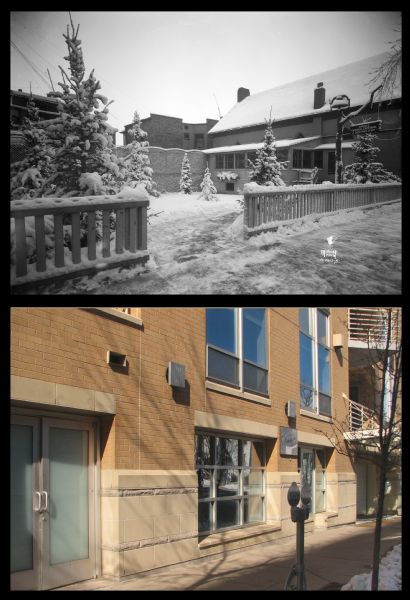 A vintage view and a modern view of 120 East Mifflin Street, presented as a pair. The vintage view shows the entrance to Piper's Garden Cafeteria. The modern view shows the exterior of Co Leigh Co Salon.