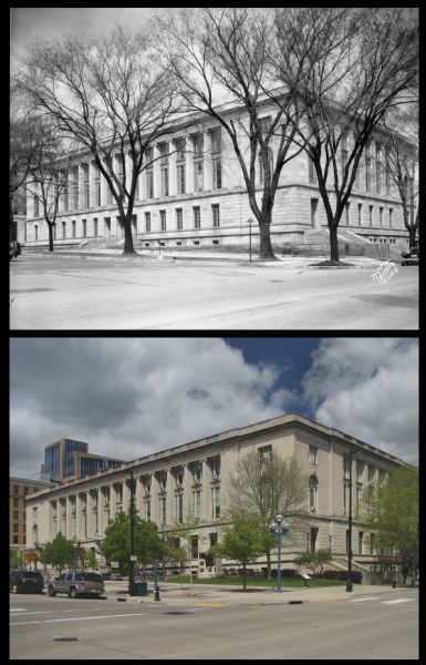 A vintage view and a modern view of the post office, presented as a pair.