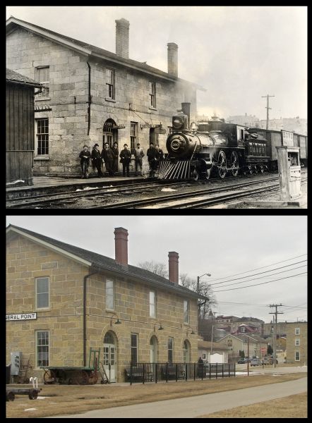 A vintage view and a modern view of the railroad depot building in Mineral Point. The vintage view shows a locomotive and a group of men. The modern view reveals the absence of the railroad tracks.