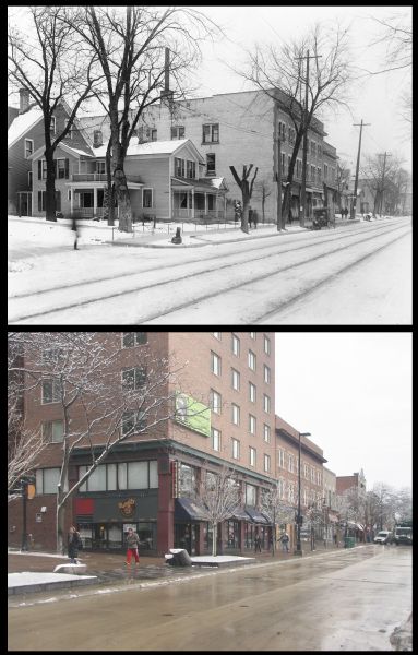 A vintage view and a modern view of a portion of the 500 block of State Street, presented as a pair. The vintage view shows a residence, while the modern view shows businesses, including Potbelly Sandwich Shop at 564 State Street.